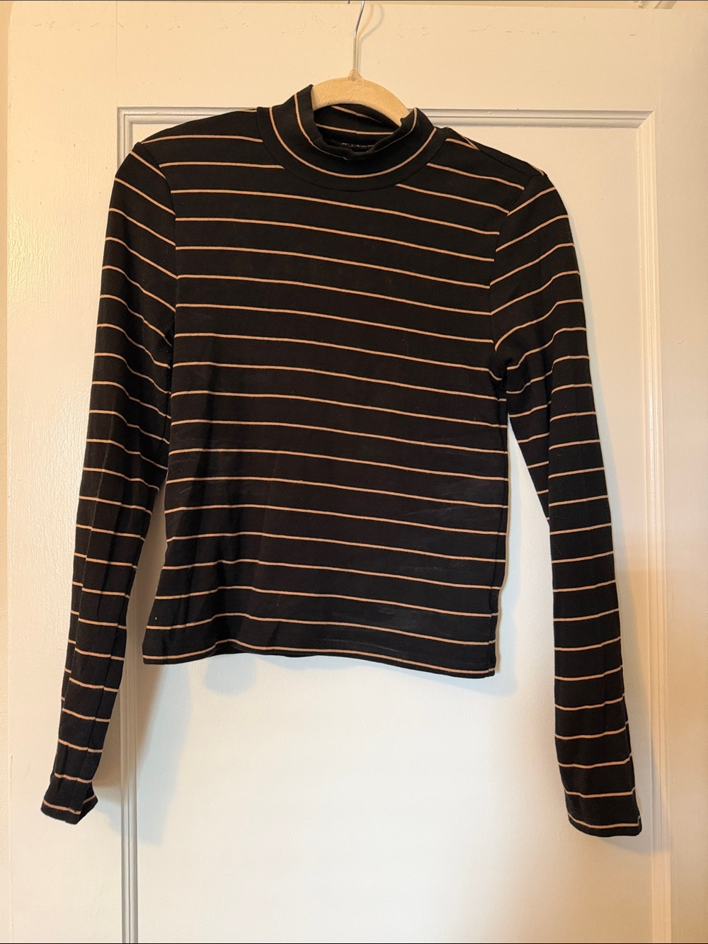 GAP Black Long-Sleeve Mock Neck Top with Tan Stripes
